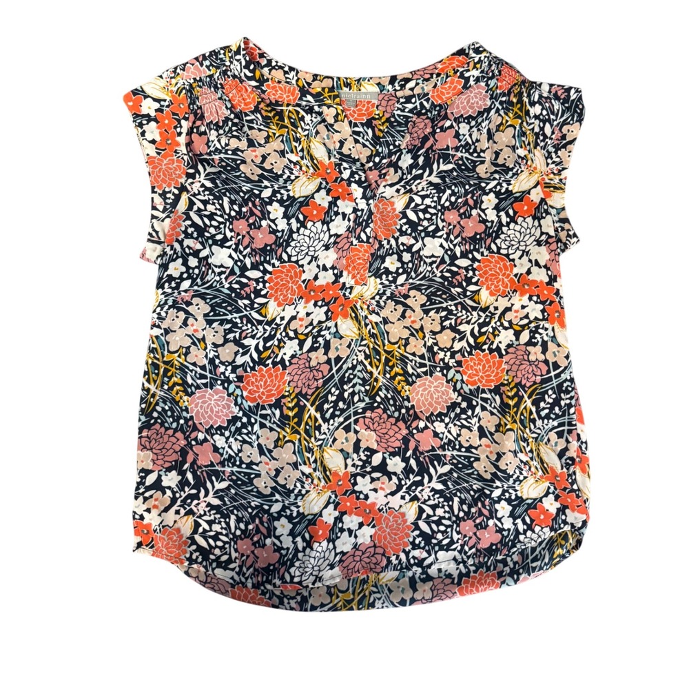 Daniel Rainn Floral Cap Sleeve Blouse Orange Navy Blue Split V-Neck Top Size M